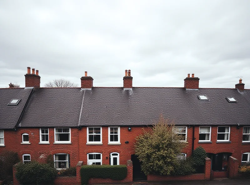 A row of terraced houses in England, with a cloudy sky above.