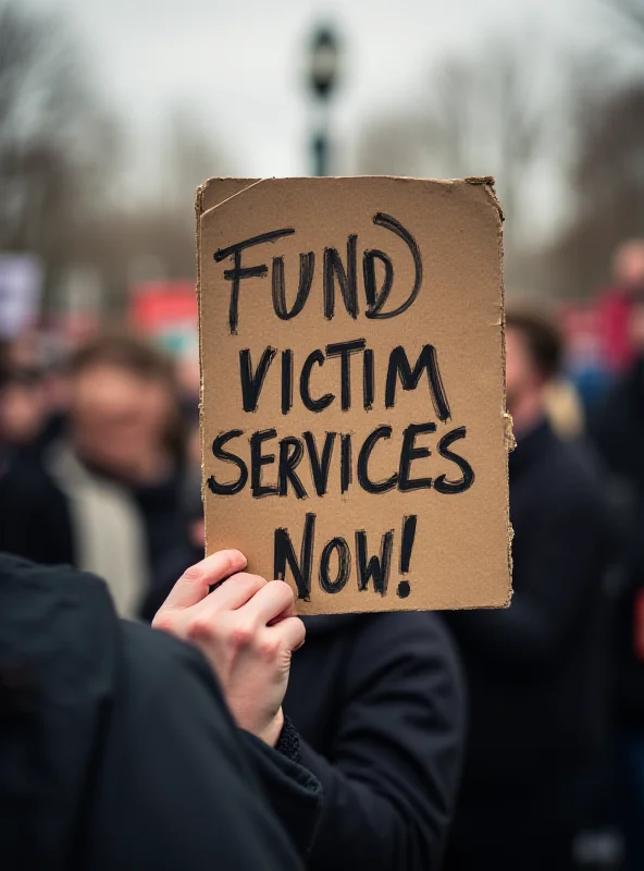 A close-up of a hand holding a sign that says 'Fund Victim Services Now!'