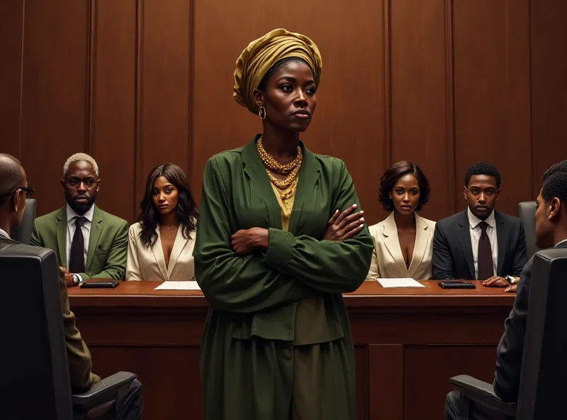 Illustration of a Nigerian courtroom scene with a female senator standing before a panel.