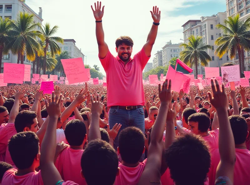 A large crowd of people at a political rally in Iloilo, Philippines, holding pink banners and signs.