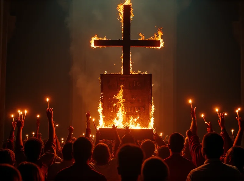 A group of church members burning a symbolic display labeled '7 sins of Dutertes' in front of a church.