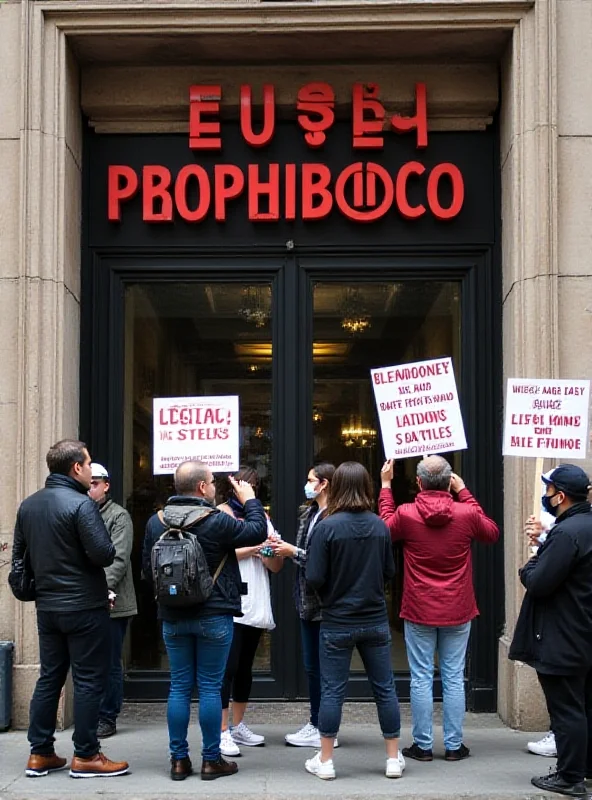 A closed museum door with protestors holding signs outside.