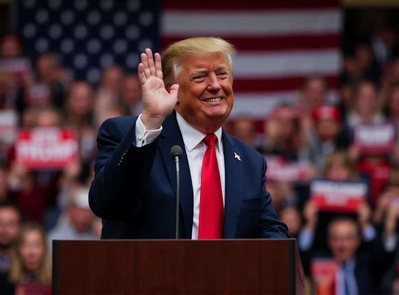 Donald Trump speaking at a rally, waving to the crowd