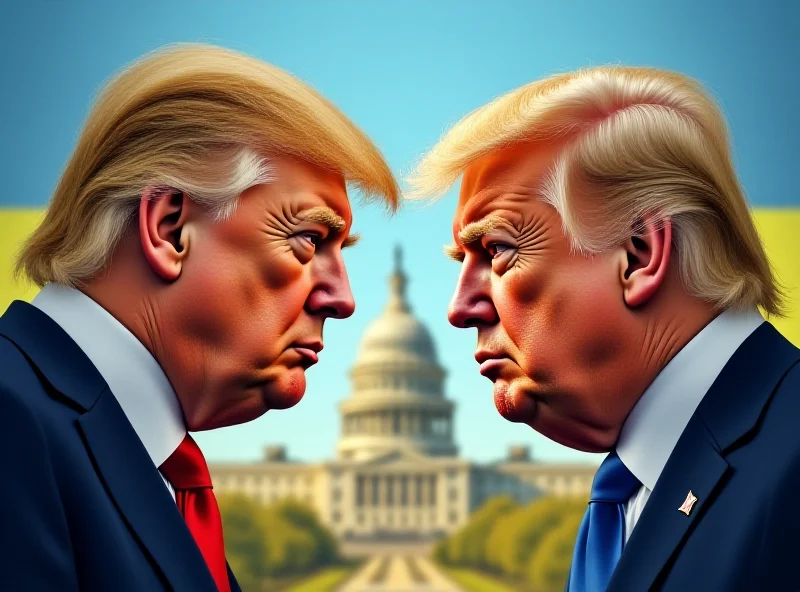 Illustration of Donald Trump and Volodymyr Zelensky facing each other with a blurred background of the US Capitol building and Ukrainian flag.