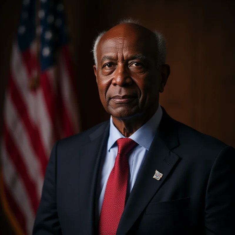 A solemn portrait of Sylvester Turner, former mayor of Houston and recently sworn-in US Representative, with a subtle American flag in the background.