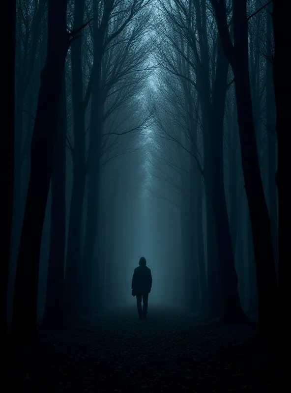 Image of a dark forest with a single figure in the distance