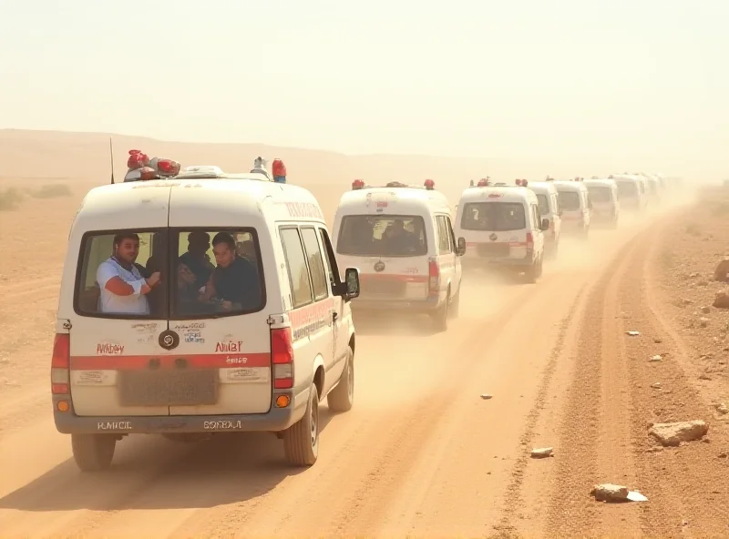 A convoy of ambulances transporting Palestinian children from Gaza to Jordan, with medical personnel attending to them.