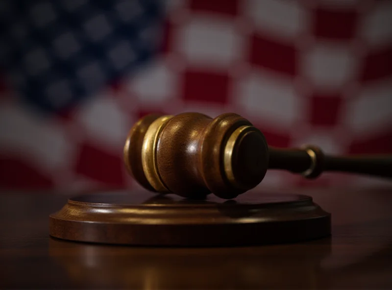 Gavel on a table with the American flag blurred in the background