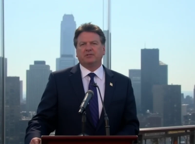 Andrew Cuomo speaking at a podium with New York City skyline in the background