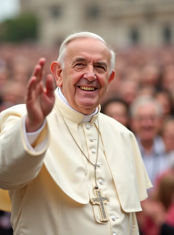 Pope Francis smiling and waving to a crowd.
