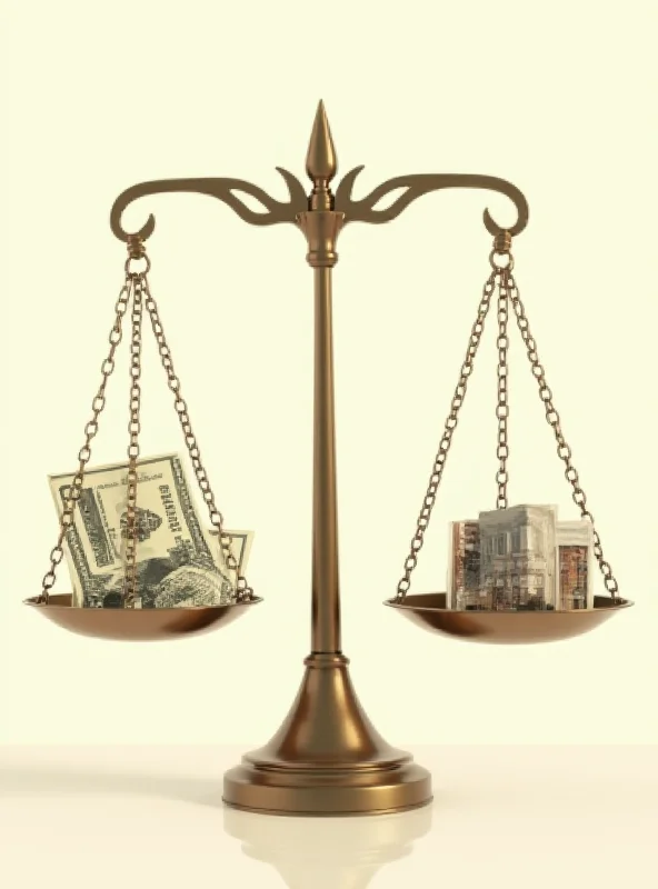 Conceptual image showing scales of justice with money on one side and social programs on the other.