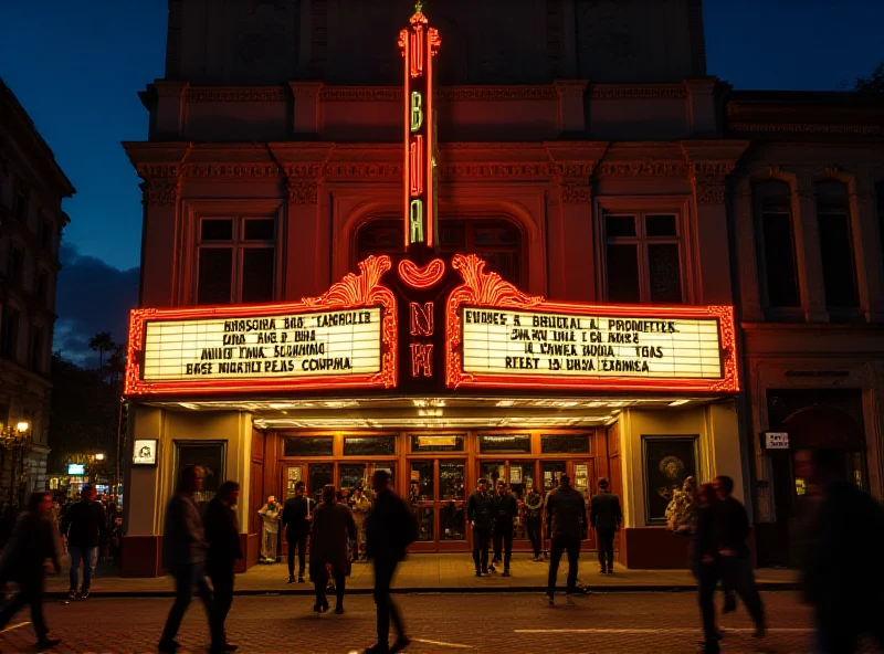 Exterior of a classic, historic movie theater in Brazil, showing a marquee with Brazilian film titles.