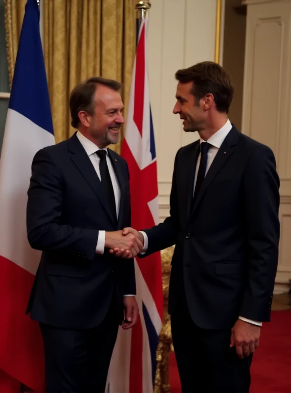 Emmanuel Macron and Keir Starmer shaking hands in front of flags.