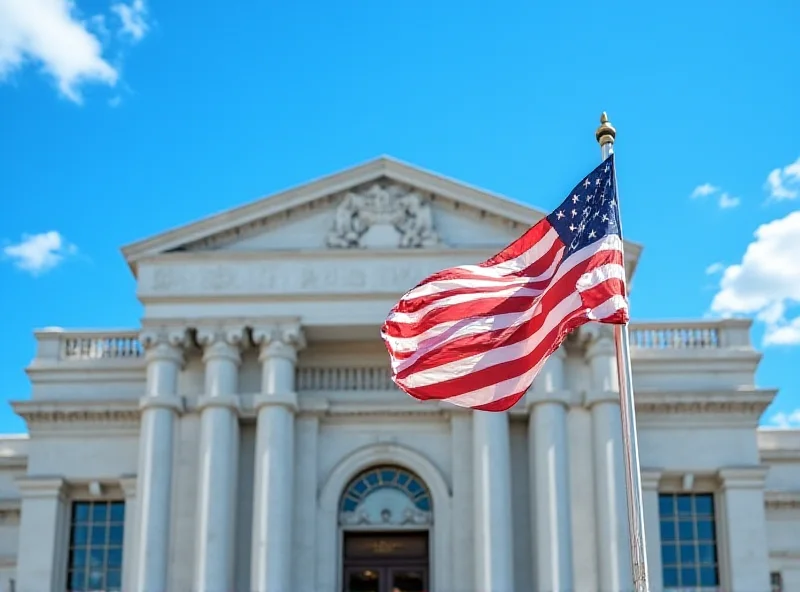 Exterior of a federal courthouse, American flag waving in the background, sunny day.