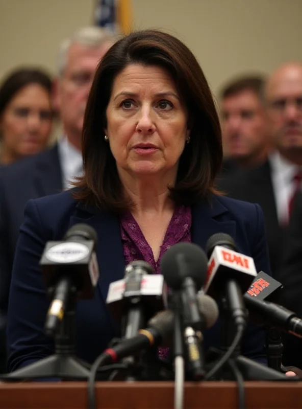 Diana DiZoglio speaking at a press conference with microphones in front of her.