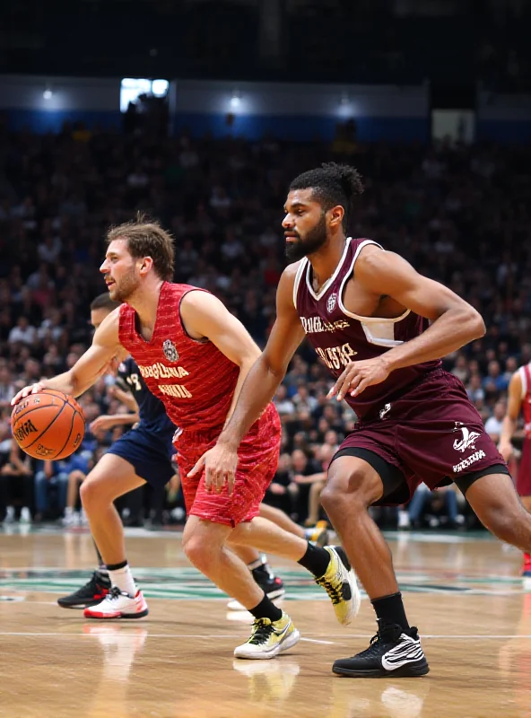 Basketball players in action during a game between Baskonia and Partizan.