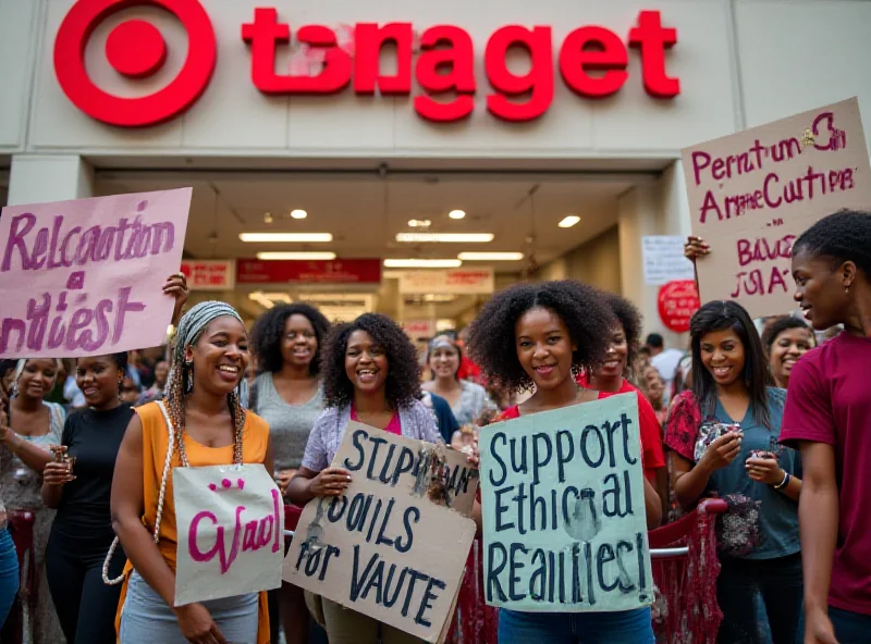 A diverse group of protestors holding signs in front of a Target store, expressing their disapproval of the company's policies. The signs are colorful and prominently display slogans related to the boycott.