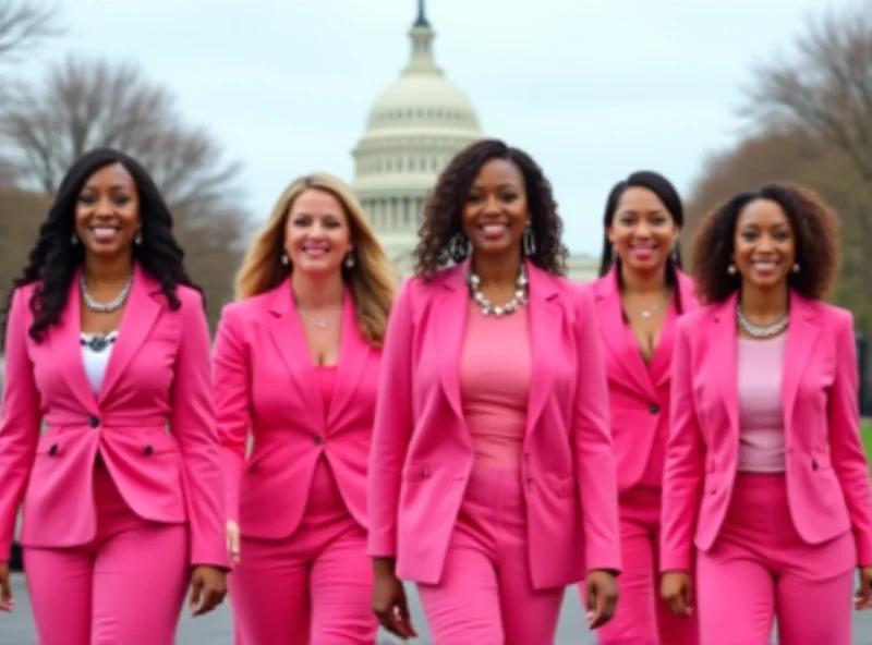 A group of diverse Democratic Congresswomen walking together on Capitol Hill, all wearing pink outfits. They are smiling and appear determined, conveying a sense of unity and purpose.