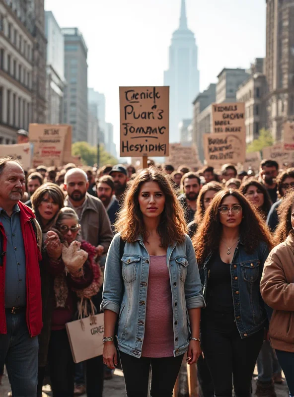 A diverse group of people standing together, looking determined but peaceful.