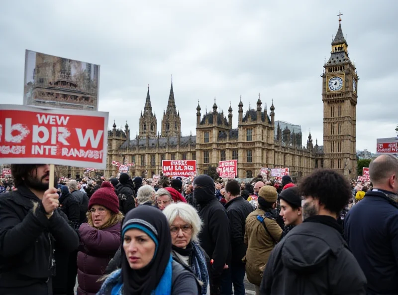 A group of concerned citizens protesting the reduction in overseas aid outside the Houses of Parliament in London, holding signs and banners with messages of support for international development and humanitarian assistance.