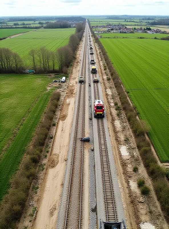 An aerial view of a section of the HS2 high-speed rail line under construction in a rural area of England, with heavy machinery and construction workers visible on site.