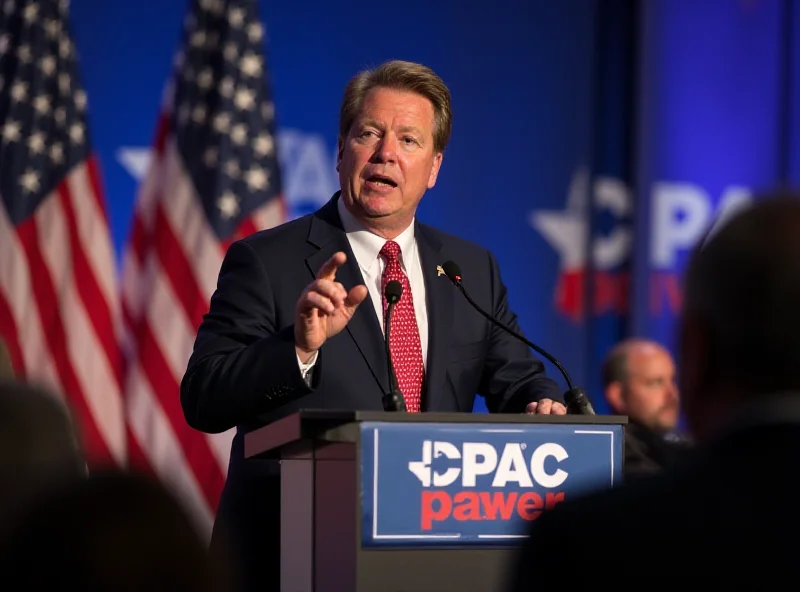 Robert Fico standing at a podium addressing a crowd at the CPAC conference in the United States, with a backdrop featuring the CPAC logo and American flags.