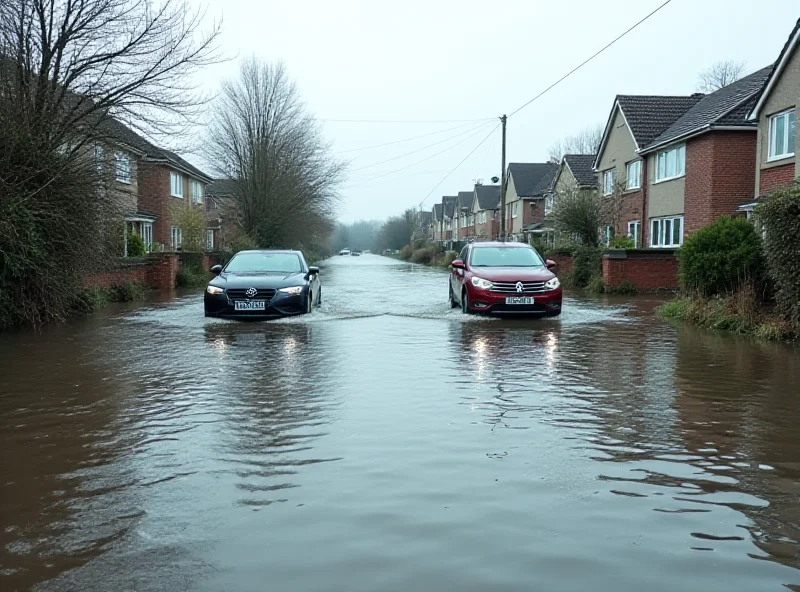 A flooded road with cars struggling to drive through it. The water is murky and brown, and there are houses visible in the background.