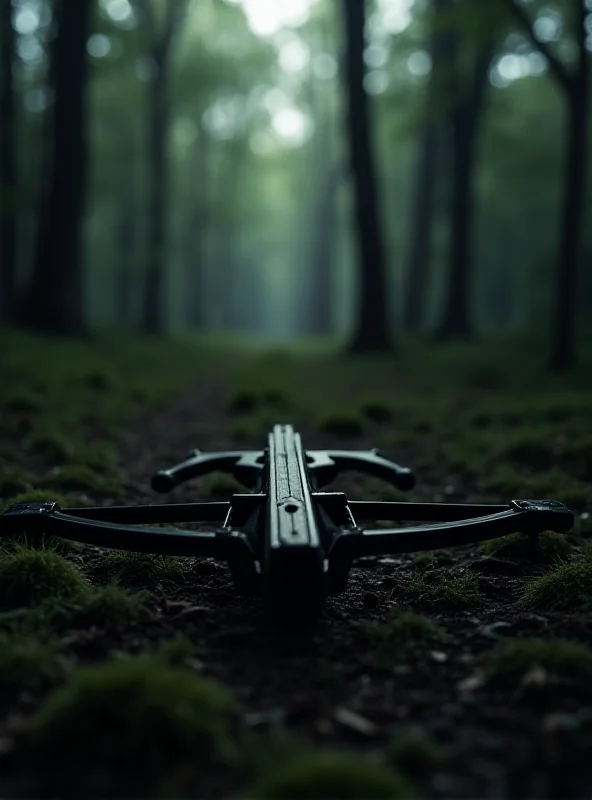 A dark and foreboding image of a crossbow lying on the ground in a forest. The lighting is dramatic, with shadows emphasizing the weapon's sharp edges.