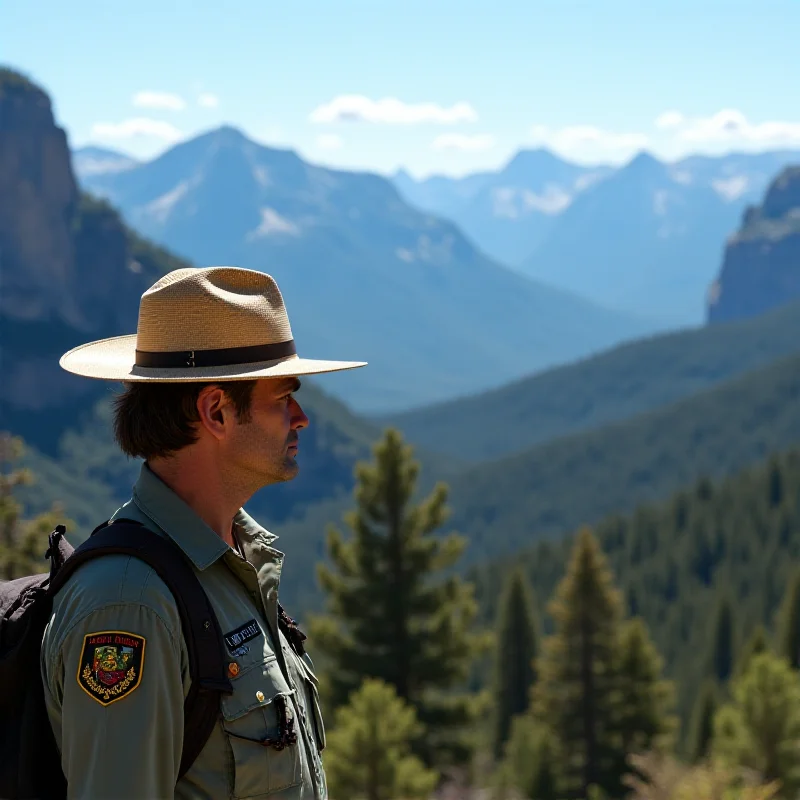 Image of a park ranger looking concerned while standing in front of a scenic vista in a US National Park.