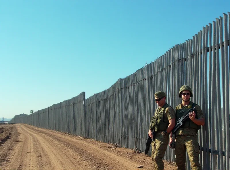 Military personnel standing guard along the U.S.-Mexico border fence.