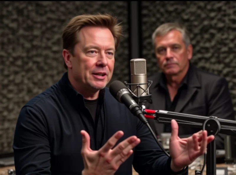 Elon Musk talking into a microphone during an appearance on The Joe Rogan Experience podcast, with Joe Rogan visible in the background.