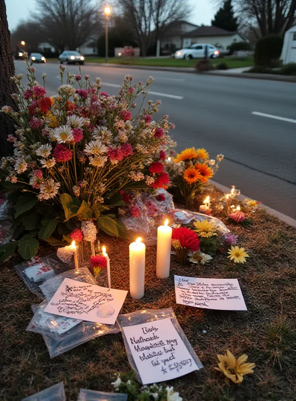 A somber scene of a memorial with flowers and candles, dedicated to Nathaniel McCowan in San Leandro.