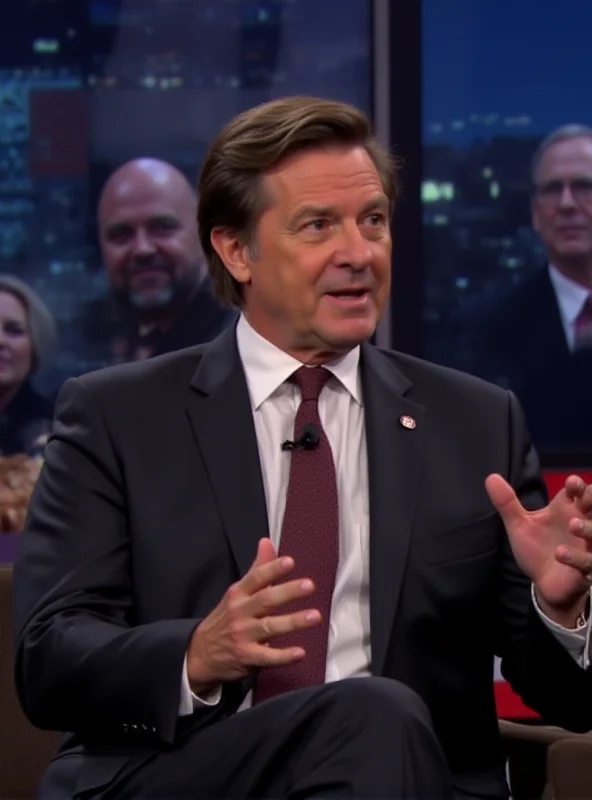 Image of JB Pritzker speaking on a talk show, gesturing with his hands while discussing politics