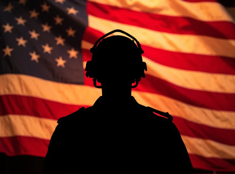 Image of a silhouetted soldier standing at attention against a backdrop of the American flag, representing the US military.