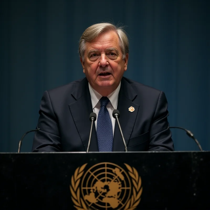 António Guterres addressing the United Nations, with a serious and concerned expression.