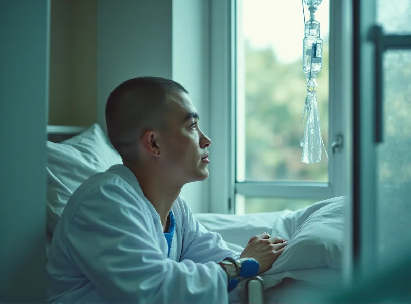 A young person receiving chemotherapy in a hospital setting, looking hopeful despite the circumstances.