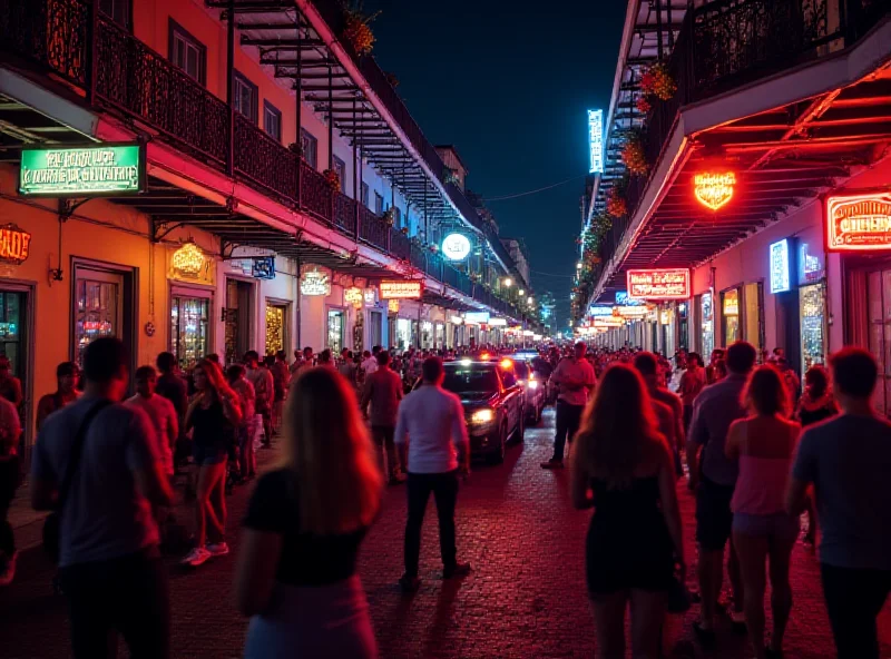 Bourbon Street in New Orleans, crowded with people, with a police car visible in the background.