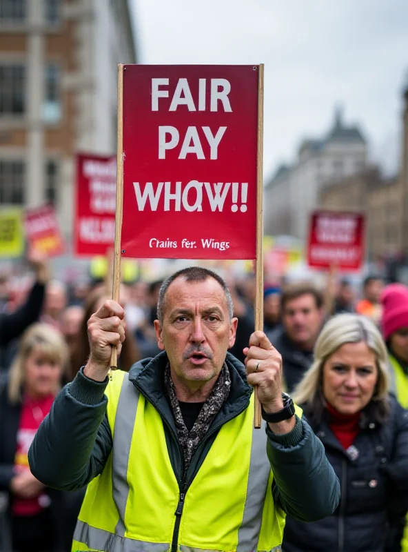 A protestor holding a sign that reads 'Fair Pay Now' at a rally for train drivers.