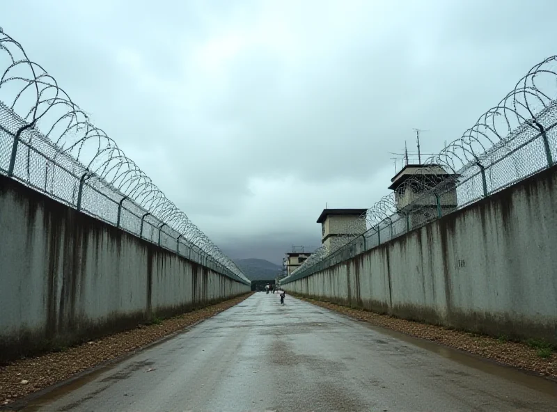 Image of a Mexican prison exterior with barbed wire and guards.