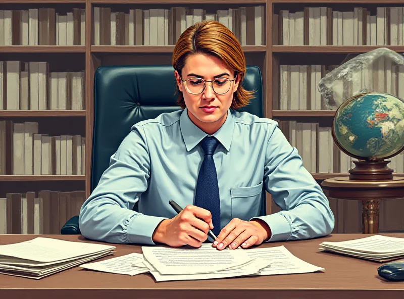 Illustration of a civil servant at a desk, working diligently with important documents.