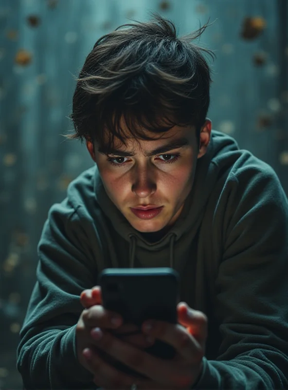 A teenager looking at their phone with a concerned expression. The background is blurred and chaotic, representing the dangers of online spaces.