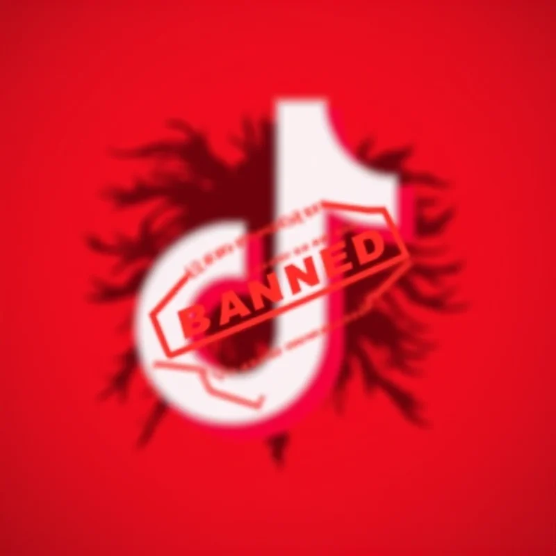 The TikTok logo with a red 'banned' symbol superimposed on it. The background is a blurred image of the Albanian flag.