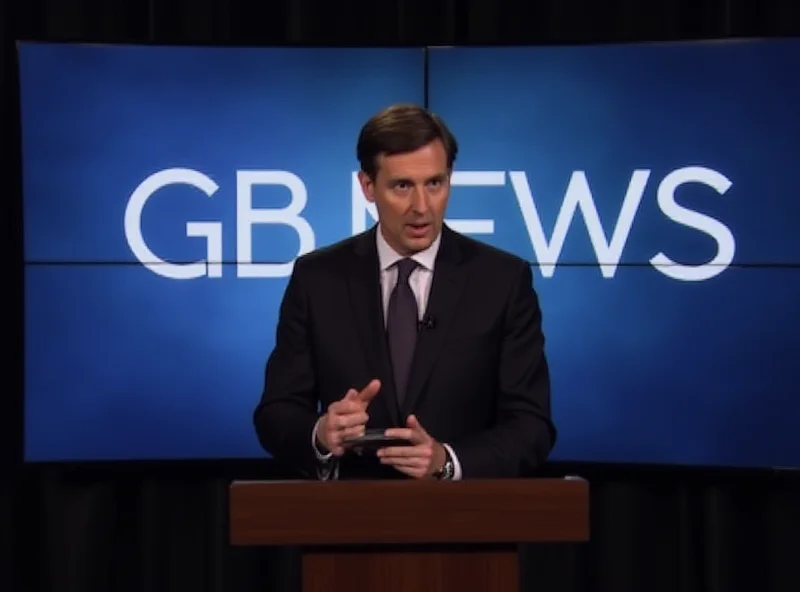 Jacob Rees-Mogg speaking at a podium with the GB News logo in the background.