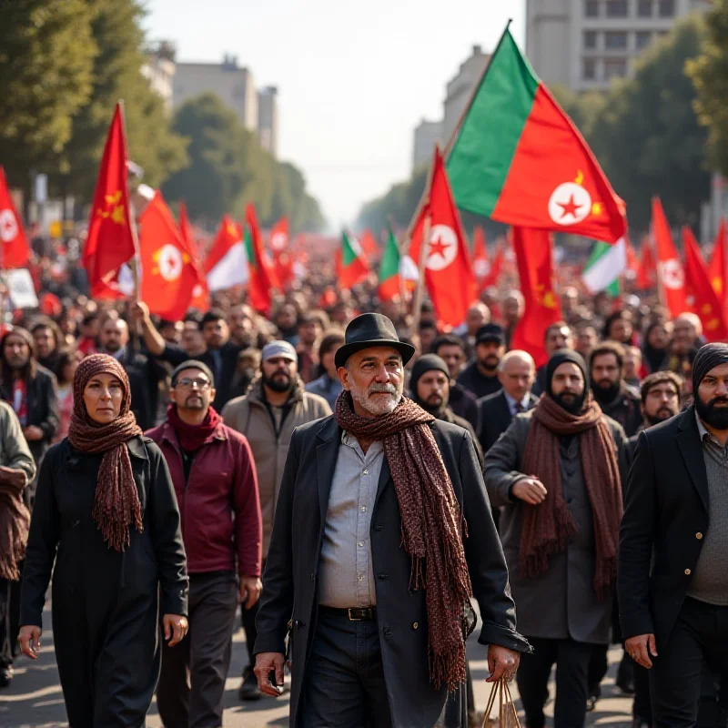 A group of Kurdish people holding flags and banners, demonstrating for peace.