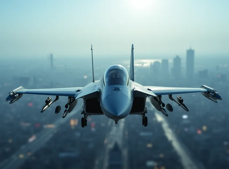 A digitally enhanced image of a refurbished Tranche 1 Typhoon jet taking off against a backdrop of Ukrainian city skyline.