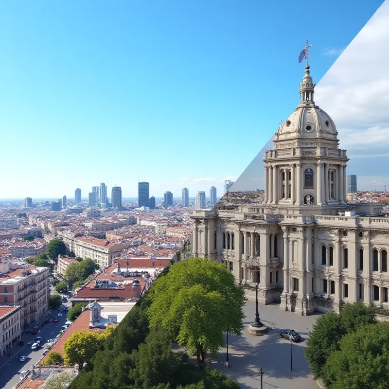 A split image showing the Madrid skyline and the national government buildings.