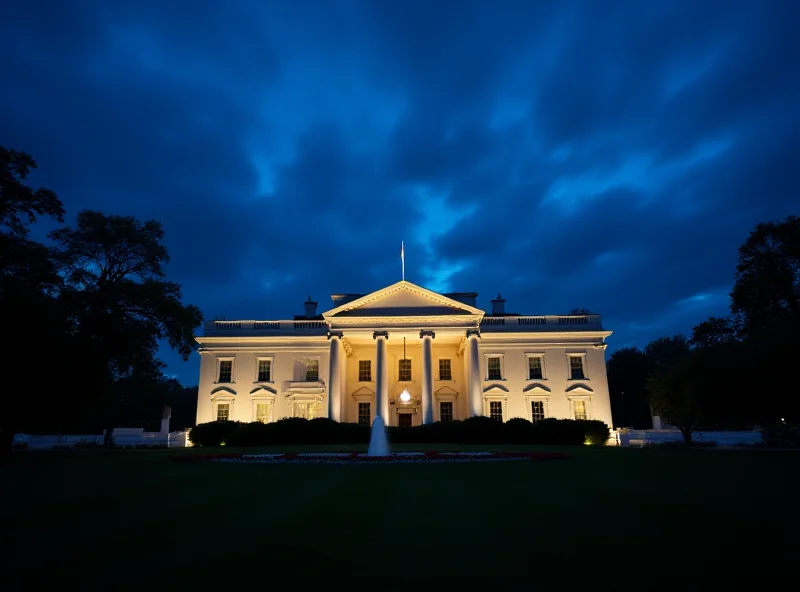 The White House at night with a dramatic sky.