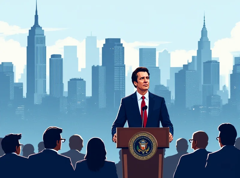 Illustration of Andrew Cuomo giving a speech in front of a New York City skyline.