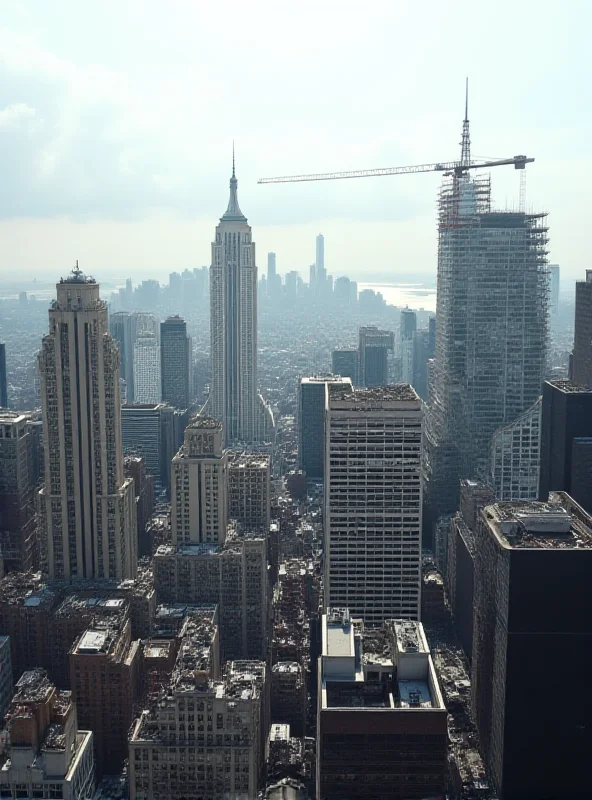 A dense cityscape of New York City with construction cranes in the background.