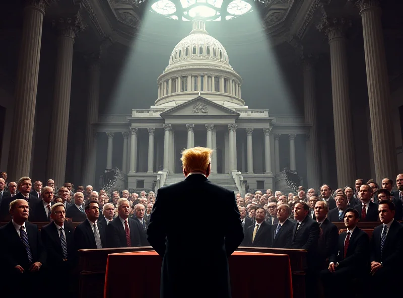 Illustration of the US Capitol Building with a figure resembling Donald Trump giving a speech in front of it.